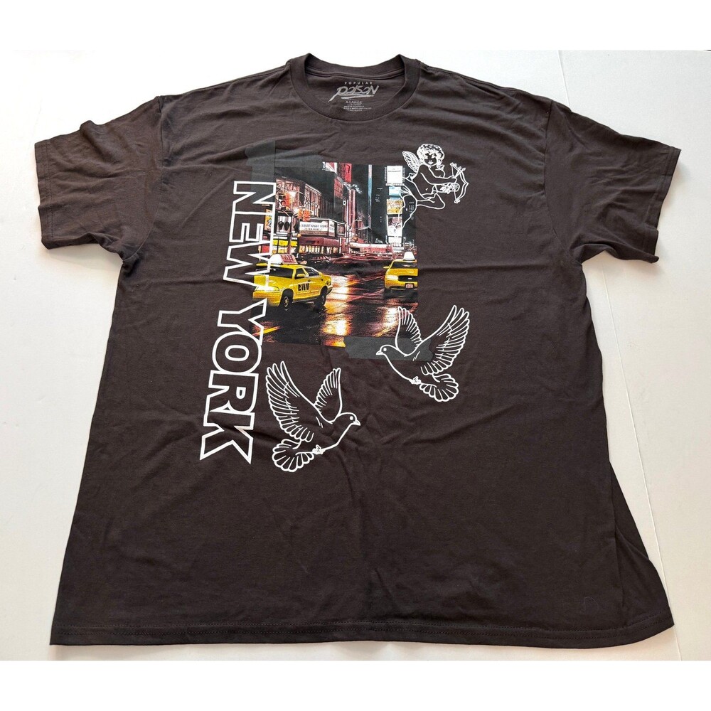 Men’s XL Popular Poison New York Taxi Cherub Angel Birds T-shirt, Brown